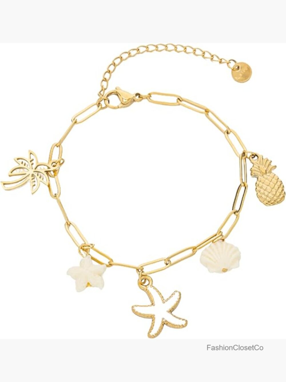 Beach Theme Starfish Seashell Palm Tree Bracelet, Stainless Steel Adjustable